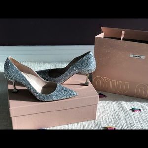 Miu Miu Jeweled Glitter High 85 Mm Pumps,Silver